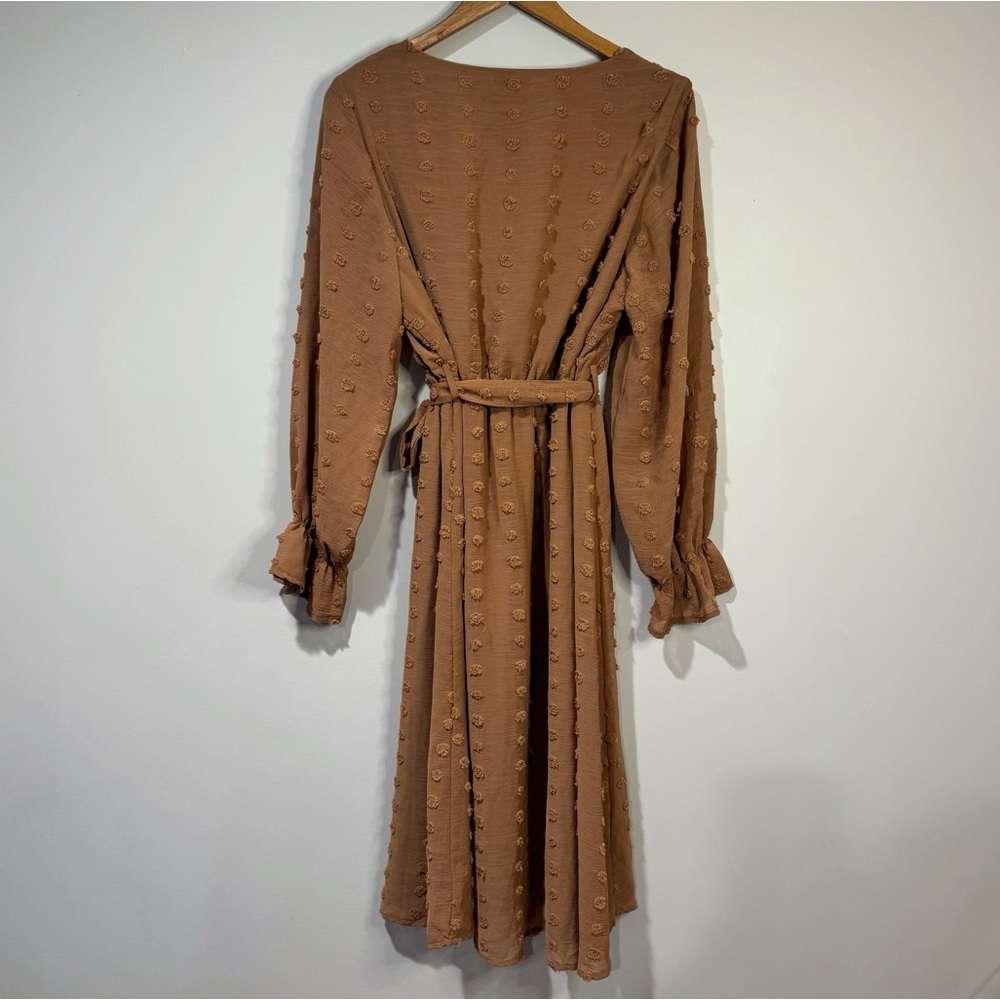 Baltic Born Camel Brown Textured Long Sleeve Wrap Midi Dress - Picture 3 of 12